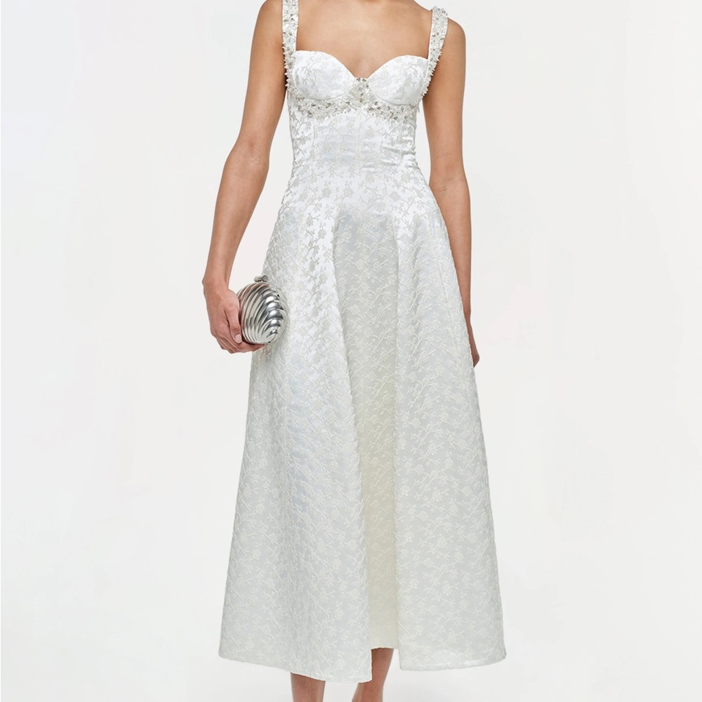 Jonathan Simkhai Ivory Brocade Midi Dress with Sweetheart Bodice